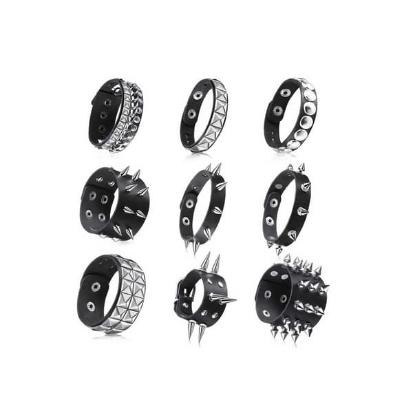 Förpackning med 9 punknitade stapelbara breda läderarmband justerbar storlek