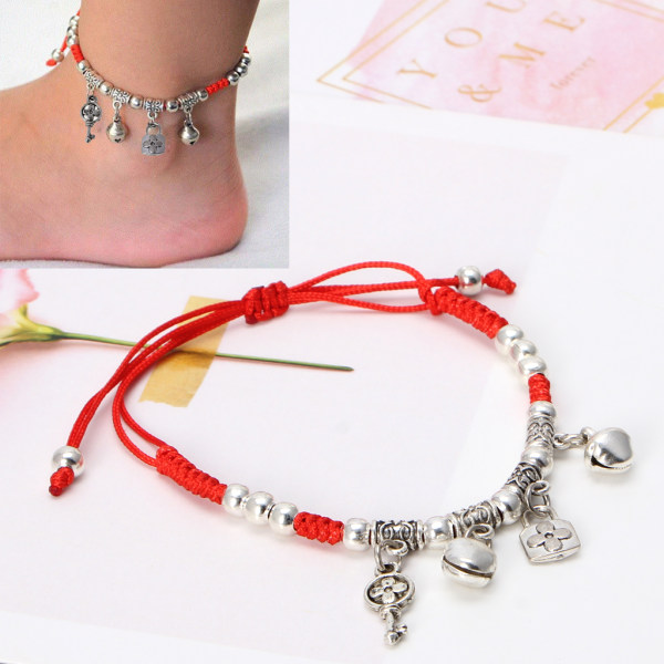 Fashion Lucky Jingle Bell Röd String Armband Anklets Amulett Justerbart flätat armband Present till pojkvän Flickvän