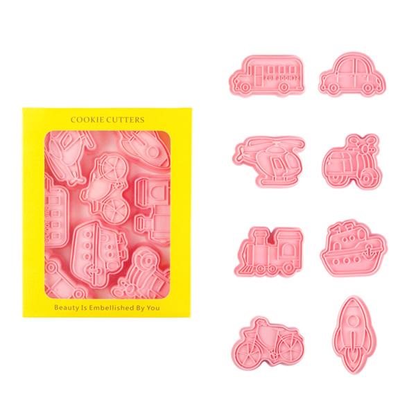 8 stk. Plastik Kiks Form Cookie Stempler Transportmidler Køkkenudstikkere DIY Fondant Kageform Køkken Bageudstyr