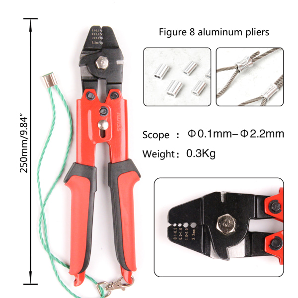 Fiskepresstång Stålrepspressare för pressning av fiskelinor Crimphylsor 1,5/2,0 mm klippverktyg för stålrep