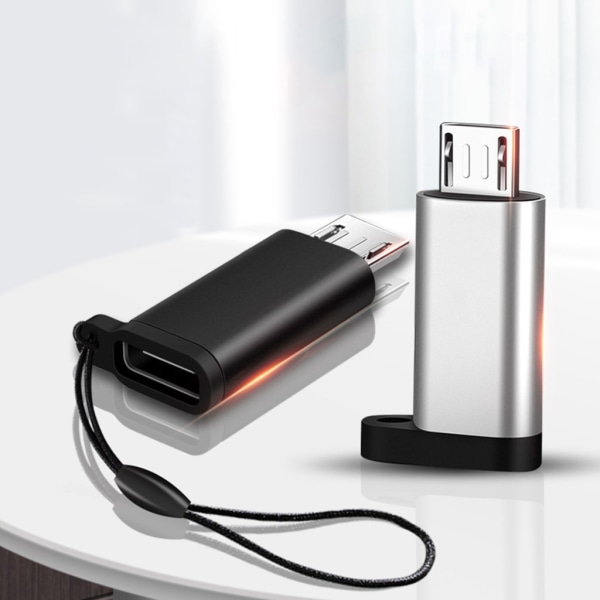 USB C Hona till Micro USB Hane Adapter Omvandlarkontakt med lanyard-stöd Laddning och datasynkronisering för bärbar telefon Black