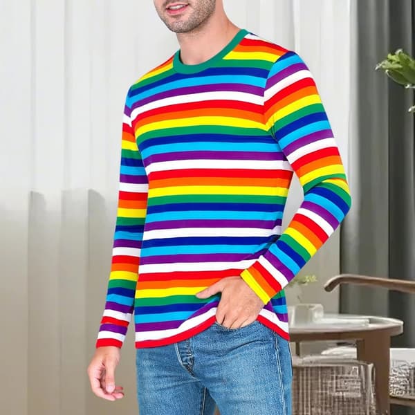 Stribet langærmet T-shirt med rund hals til mænd, basic afslappet top Multi L