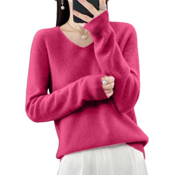 Dam V-ringad stickad tröja Casual lös långärmad pullover Jumper Toppar Raspberry red M