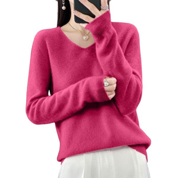 Dame V-hals Strikket Sweater Afslappet Løs Langærmet Pullover Jumper Toppe Raspberry red M