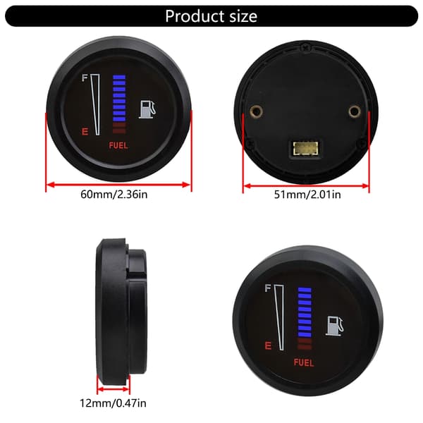 Brændstofniveau Måler til Køretøjer 12V System 2 tommer Diameter LED Lysindikator