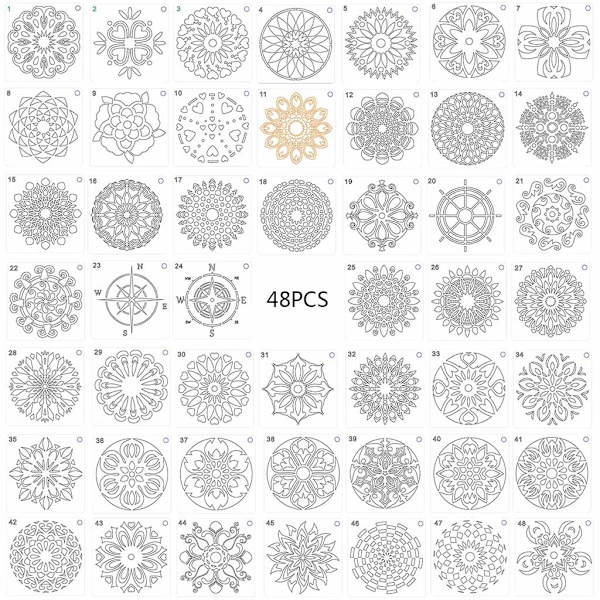 48 kpl/setti Mandala-sapluunat DIY Maalaus Leikekirja Väritys Kohokuviointi Albumikoriste