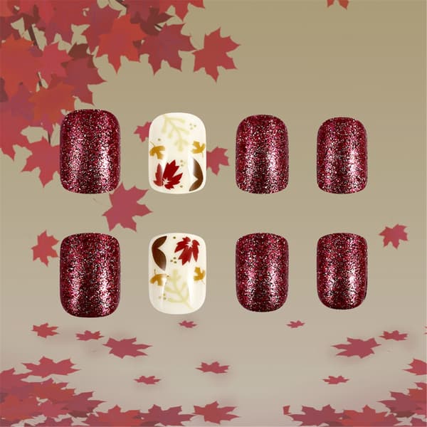 Thanksgiving Press on Nail Short Square False Nail Fall Maple Leaves Designs