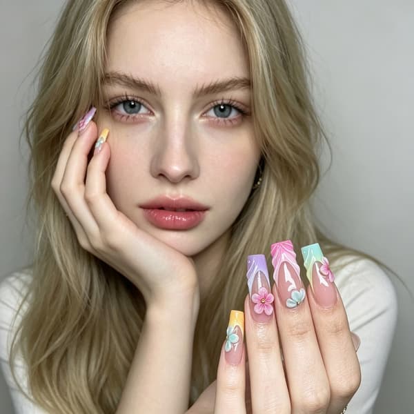 Press On Manicure Sæt Fransk Tip Gradient med 3D Blomst, 24 stk.