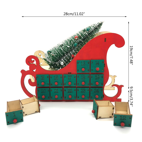 Julslädeträd Trä Adventskalender Nedräkning LED Festdekor 24 Låda