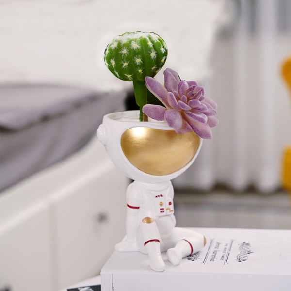 Mini blomkruka för kreativ astronaut suckulenta växtkrukor Miniatyrharts Figu Gold Sit