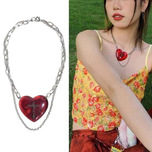 Y2K smycken European Red Heart Cross Hängsmycke för kvinnor Love Punk Harajuku Goth Charm Halsband 90-talet Estetisk