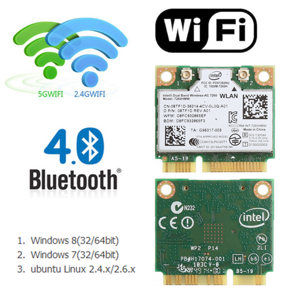 7260HMW nätverkskort Dual Band Bluetooth-kompatibelt 4.0 Wireless Mini PCI-E WIFI-kort för Intel 7260 AC