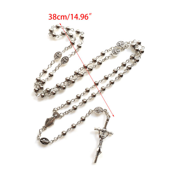Rostfritt stål rosenkranshalsband 6 mm pärlor Silverfärgad kedja halsband med Jesus Kristus krucifix för korshänge juvel