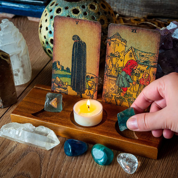 Trä Triple Moon Stand Trä Tarot Card Ljus Display Hållare Altar Supplies