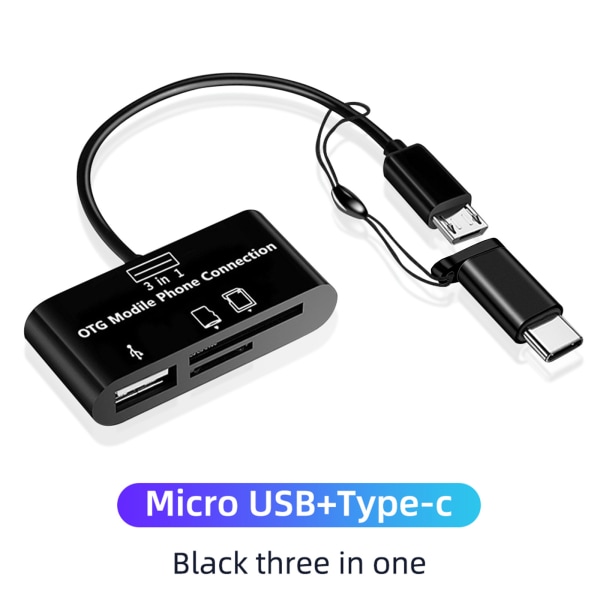 3 i 1 Type-c Micro USB SD TF Telefon OTG Kortläsare Värd Adapter SD-kortläsare för Galaxy S4 S2 S3 Note2 Tablet Black
