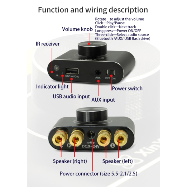 Bluetooth-kompatibel 5.1 stereoförstärkare mottagare Mini HiFi Amp AUX hörlursuttag för hemhögtalare 15Wx2 Red EU