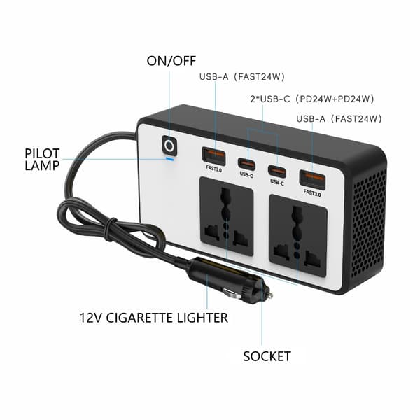 200W Bilinverter DC12V til 110V med USB C og USB A Hurtiglading for Laptoper