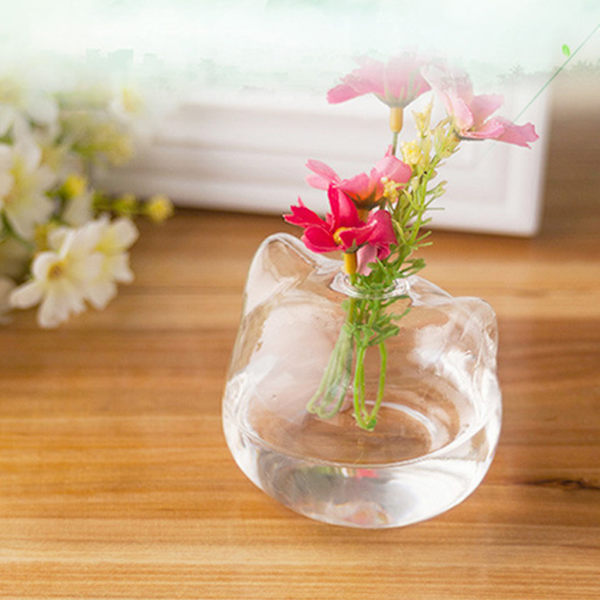 Söt för katt för huvudform Klart glas Vas Flaska Blomflaska Växter Flaska Glas Material för hemväxt Blomma Dec L
