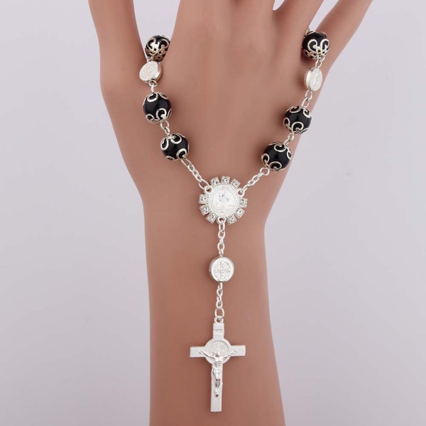 Catholic for Cross Finger Chain Mini Rosenkrans Finger Dop Radband Faux Pearls Armband for Dop Favors Dop Black