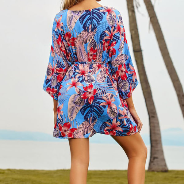 Kvinnor Short Beach Bikini Cover Up Tropical Floral Print bältad Kimono Cardigan