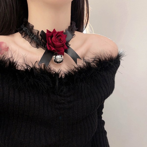 Gotisk Elegant Stor Rose Blomma Nyckelbenskedja Halsband med Bell Kvinnor Bröllop Brud Sexig Justerbar Choker Y2K smycken