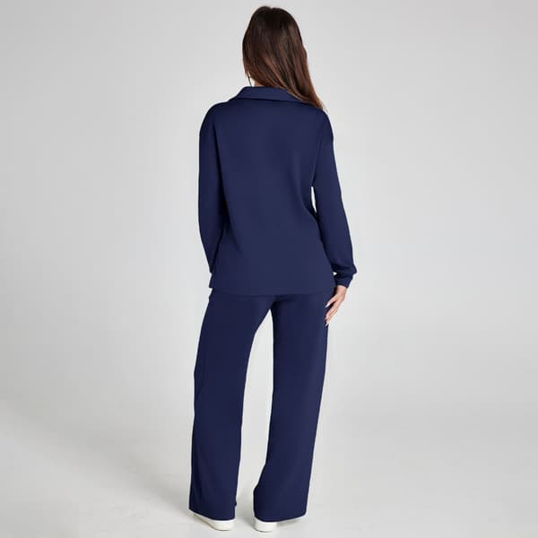 V-ringad långärmad topp med dragsko i midjan och vida ben, perfekt för semestern Dark blue M