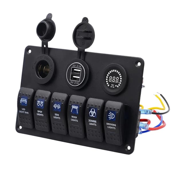 Dubbla USB-laddare Voltmeter 6-vägs brytarpanel LED-ljusramp för marint bruk