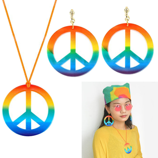 Mode Hippie Kostym Set 60-talet 70-talet Regnbåge Fredstecken Hänge Halsband Örhänge Dekoration Present till vän Syster