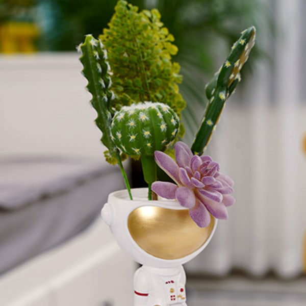 Mini blomkruka för kreativ astronaut suckulenta växtkrukor Miniatyrharts Figu Gold Sit