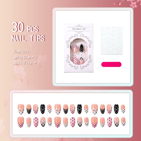 Blomsterkunst Press-On Manicure med kort mandelform og klæbeflapper
