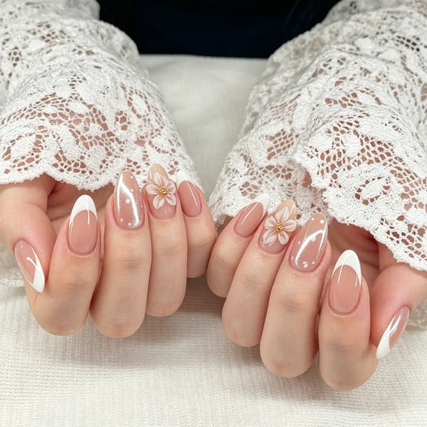 24 stk. bløde lyserøde press-on-manicure med blomsterfransk perleaccent