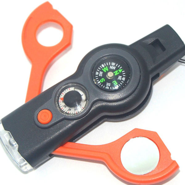 Camping Survival Whistle, 7 i 1 Emergency Survival Whistle Multifunktions Whistle Kompass Termometer Förstoringsglas