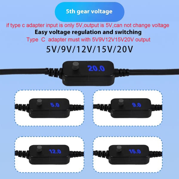 USB C til DC5.5x2.1mm spiralkabel justerbare spenninger 5V til 20V