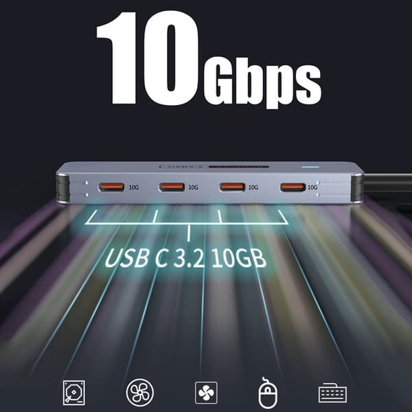 USB C-splitter i aluminiumlegering, 4 portar, 10 Gbps snabb hastighet för digitala enheter
