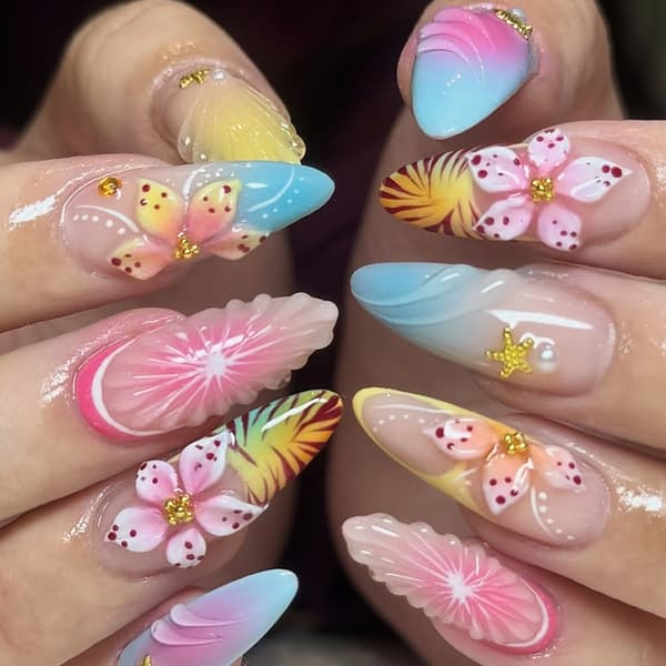 ABS Press On Negle 24 Stykker Fransk Tip Blomster Gradient Design til Ferie