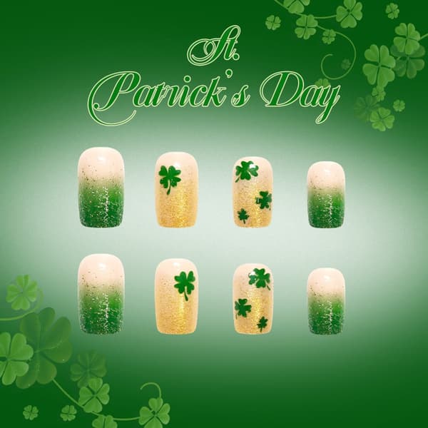 24 st gröna klövergradient glittrande press-on-naglar för St. Patrick's Day