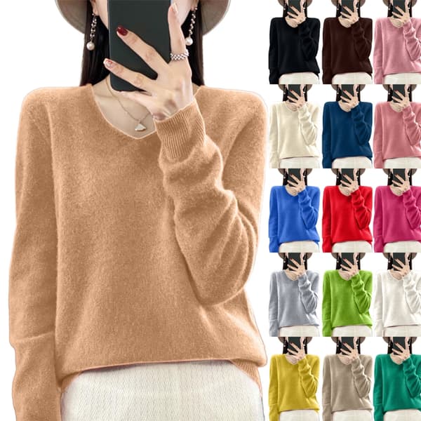 Dam V-ringad stickad tröja Casual lös långärmad pullover Jumper Toppar Goldamel XL