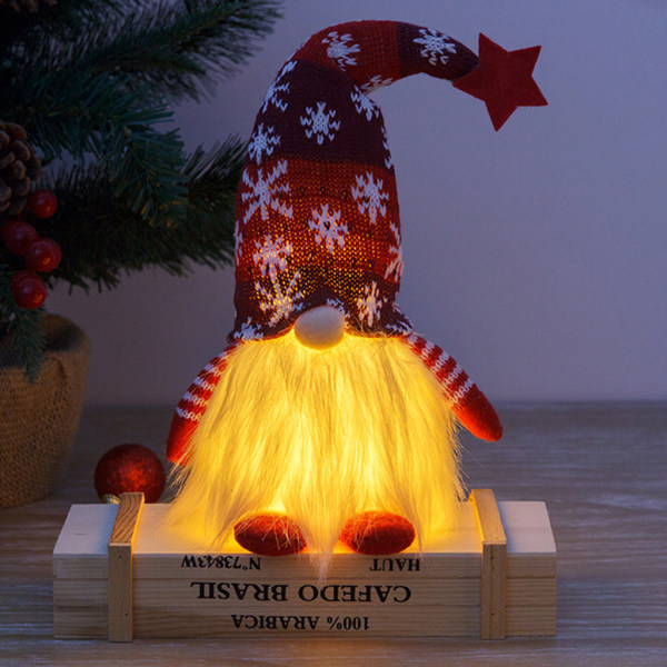 Jultomte med LED-ljus Stickade Stjärnor Nisse Figurin Plysch Svensk Tomte Red