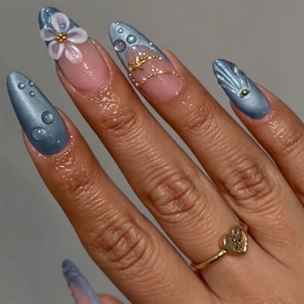 Multi Size Press On Manicure Mandelform med Blå Fransk Stil