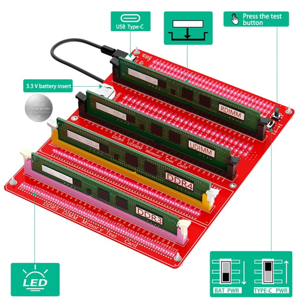 DDR3/4/5 RDIMM/UDIMM Hukommelsestester med LED-indikator til stationær computer