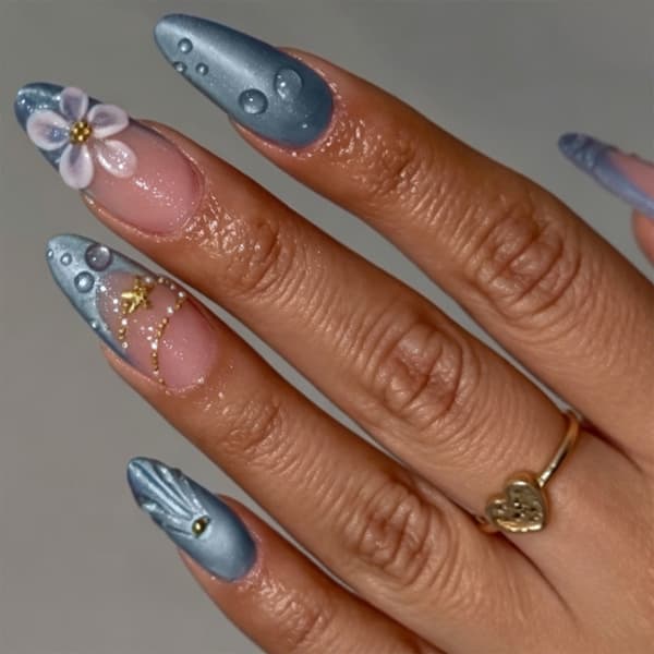 Multi Size Press On Manicure Mandelform med Blå Fransk Stil