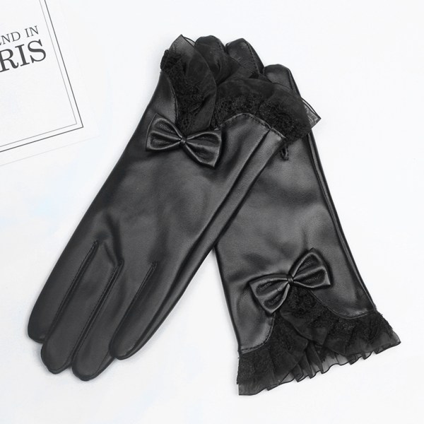 Elegant Lady Glove Spets Bowknot Vinter Varm Kvinnor Faux Läder Full Finger Skid Handskar Varma Körning Motorcykel Handskar