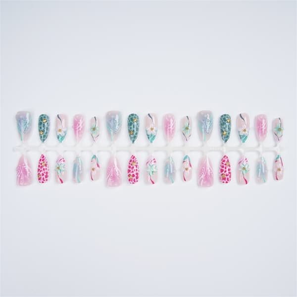 Festligt Press On Manicure Sæt med 3D Blomsterdesign, Gradient Pink Teal Farve