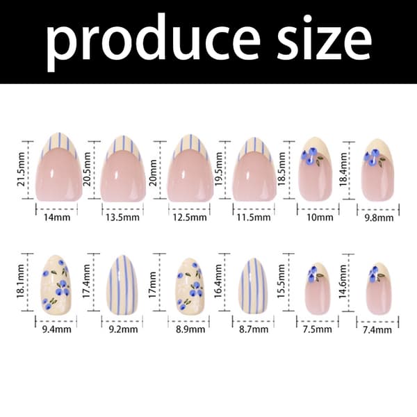 Blå Hvid Blomstret Press On Manicure Sæt Mandelform, Blød Pink Base, 30 Stk.