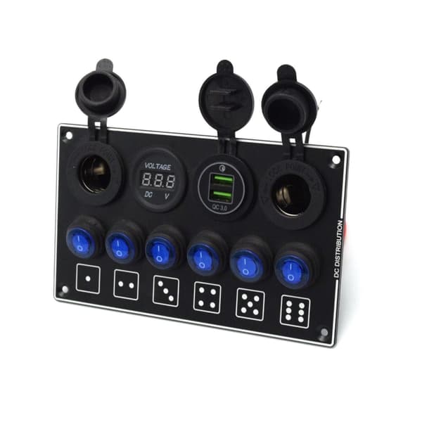 Hård 12V 6-gangs betjeningspanel med to USB-strømporte