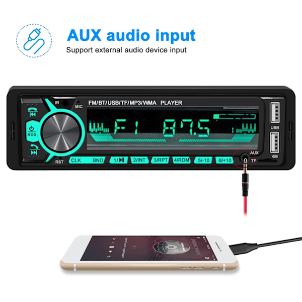 Autoradio 1 Din MP3-soitin FM Aux-tulo USB Yleismusiikkisoitin