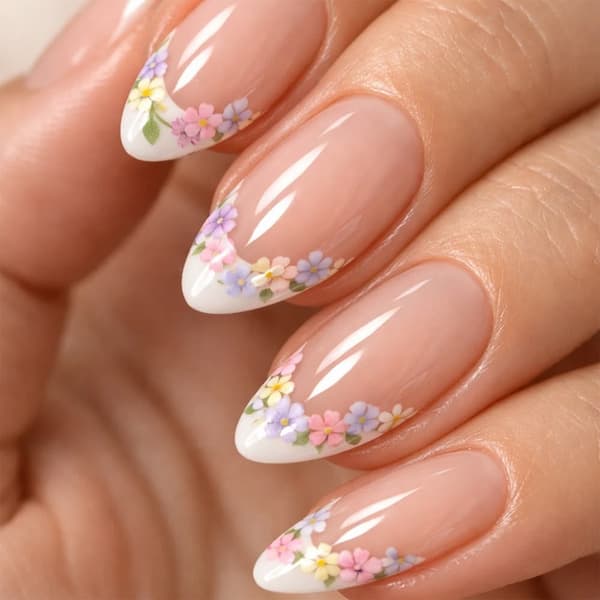 Blomstret fransk press-on manicure sæt, mandelformede bløde lyserøde harpiksstykker