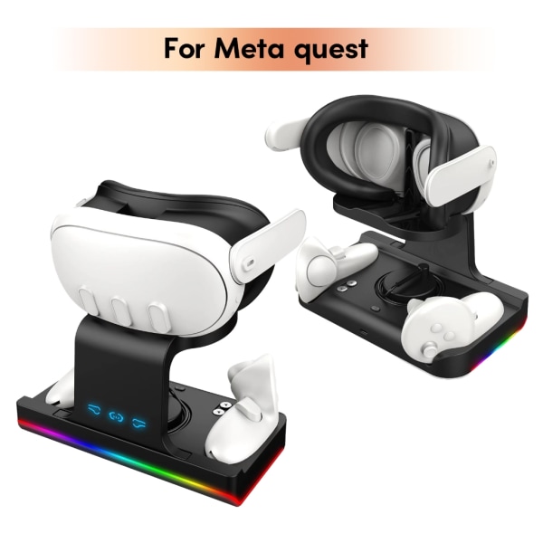 Laddningsdocka med LED-ljus för MetaQuest 3 VR-skärmstativ och kontrollfäste, 2 uppladdningsbara batterier Black