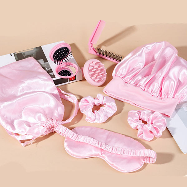 Elastiska Sidenmössor för Sömn 8st Hårbonnetter Skalpmassageborste Sovmask
