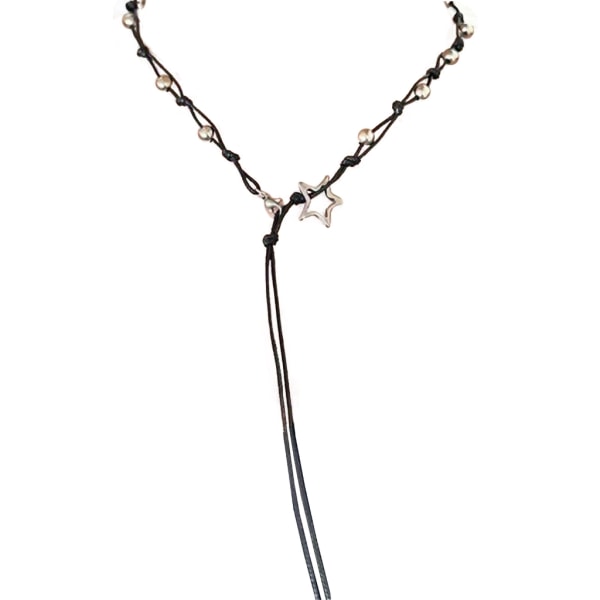 Silverfärg Femuddig stjärnhänge Vaxrep Halsband Dam Statement Etniska smycken Lariat Halsband Dam Halsband